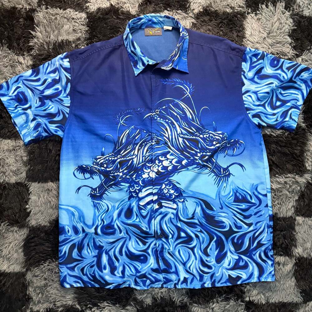 Y2K Pop Icon Vintage Blue Dragon Flame Graphic Button-Up Short Sleeve Shirt
